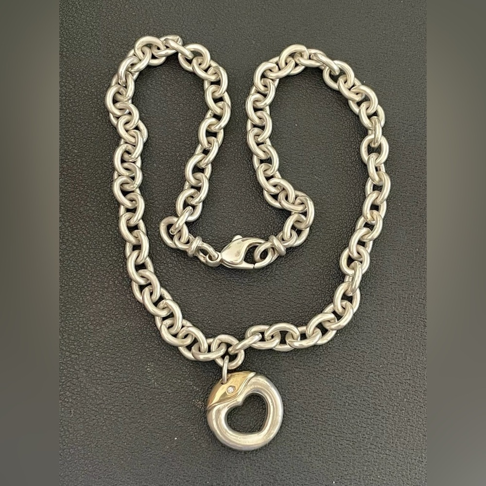 Movado Sterling Silver & 18k Gold  Diamond Heart Necklace (B129)